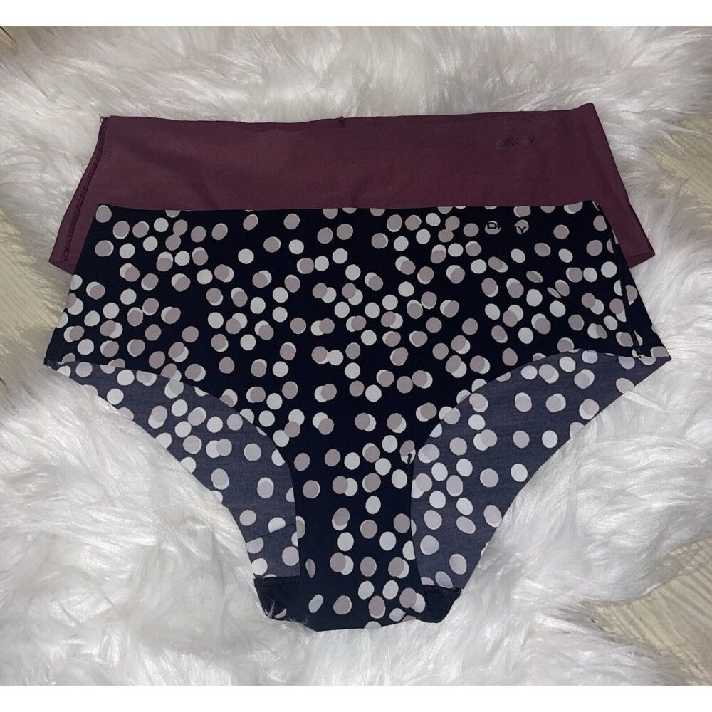 2 Pairs DKNY Womens Laser Cut Hipster Panties M Medium Black Purple Dots Solid